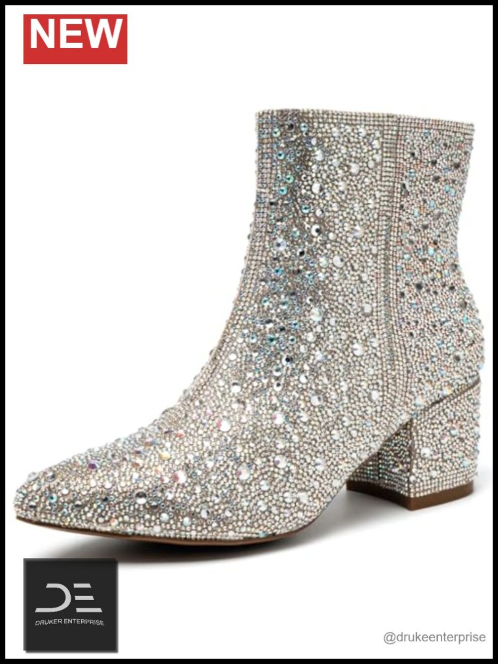 Rhinestone Zipper Sparkly Ankle Boots - Glitter Pointed Toe Chunky Heel